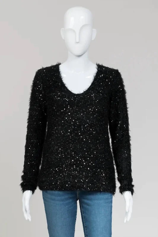 Sequin Knit Sweater In Black/silver Welt Pockets Slit Pockets Flap Pockets
