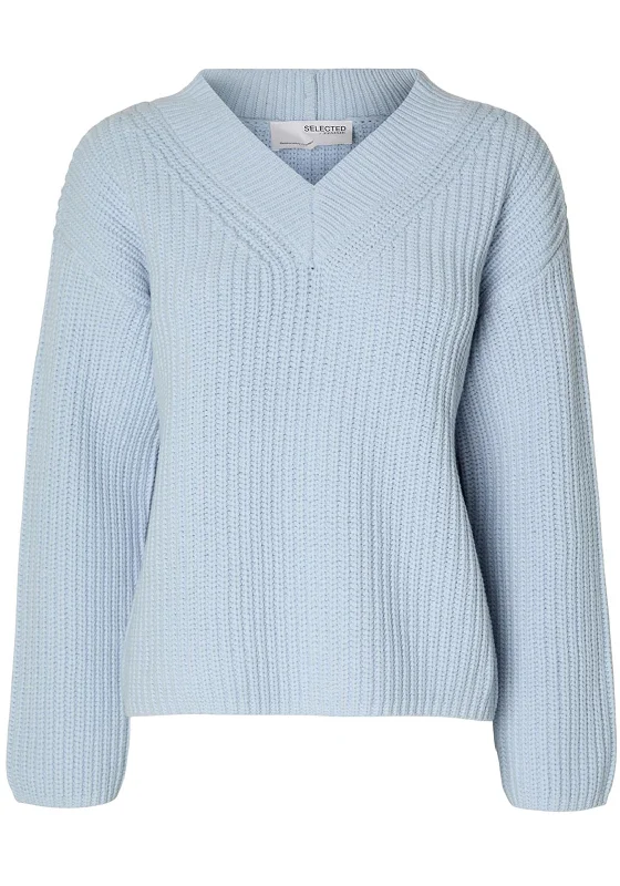 Selected Femme Selma V-Neck Knitted Sweater, Cashmere Blue Zippered Front Buttoned Front Snap Front Selected Femme Selma V-Neck Knitted Sweater, Cashmere Blue Zippered Front Buttoned Front Snap Front