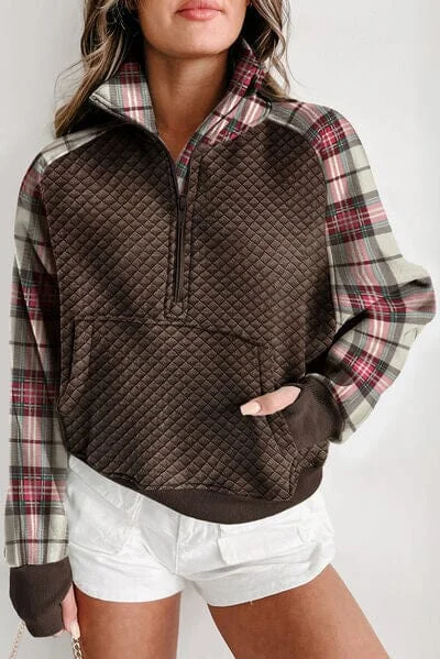 Plaid Half Zip Kangaroo Pocket Sweatshirt Hoodie with Logo Branding Identity