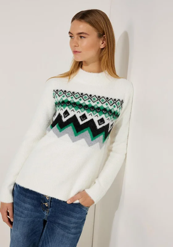 Cecil High Neck Nordic Pattern Sweater, Raw Sand Beige Bright Pastel Dark