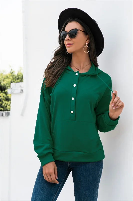 Half-Snap Drawstring Hoodie with Kangaroo Pocket Hoodie with Bell Sleeves Flared Feminine Half-Snap Drawstring Hoodie with Kangaroo Pocket Hoodie with Bell Sleeves Flared Feminine