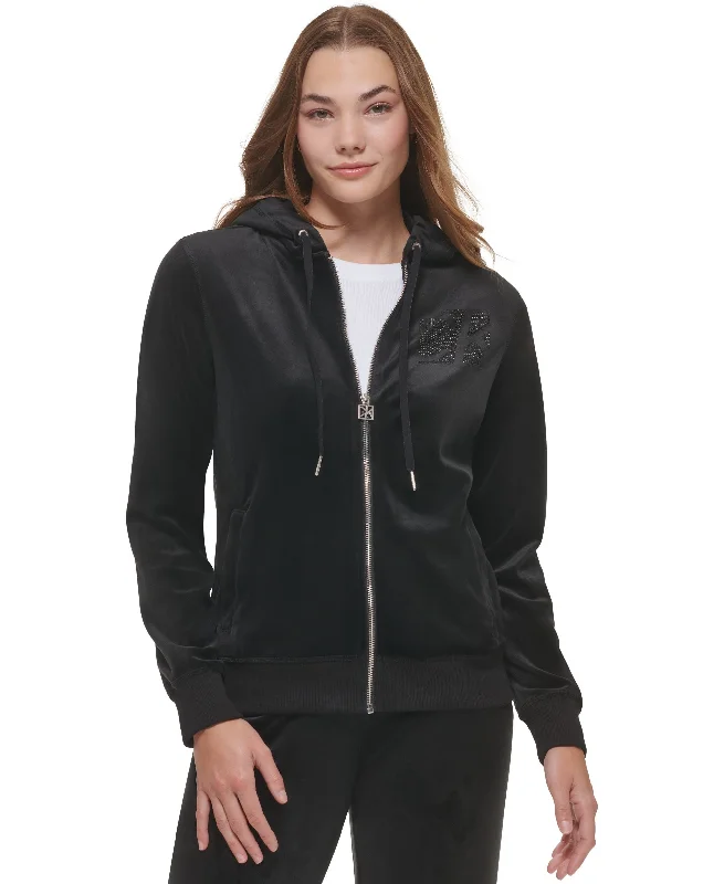 Petite Embellished Velour Zip-Front Hoodie Hoodie with Frayed Bohemian Relaxed