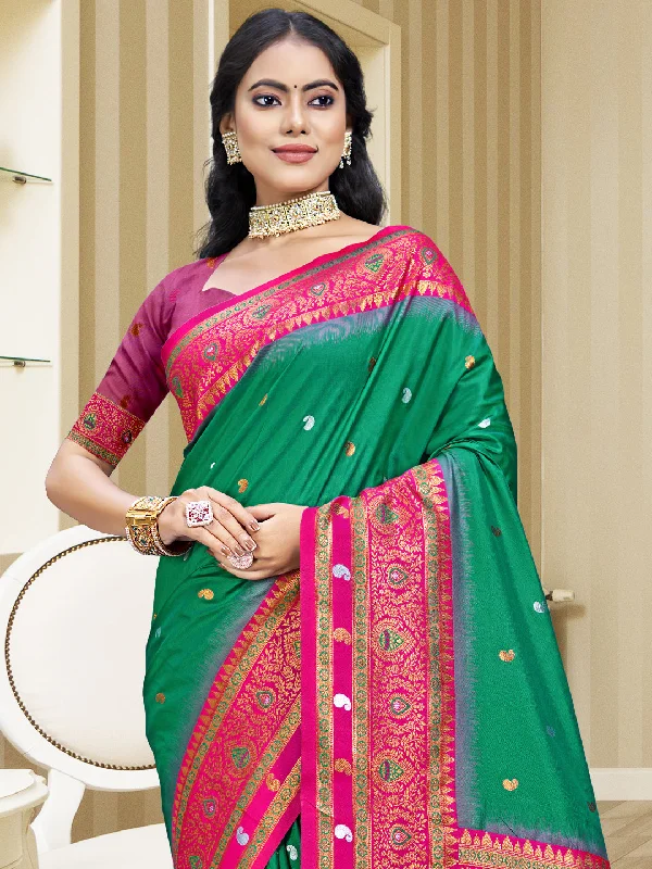 Women Teal Green Silk Saree With Un Stitched Blouse Sleeveless Summer Blouse