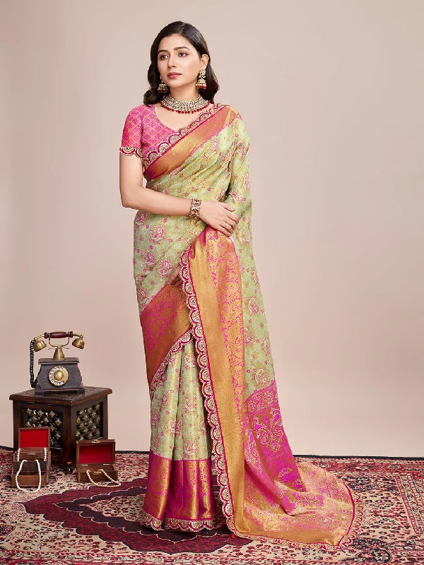 Women Party Wear Jari Weaving Worked Kanjivaram Silk Saree with Un Stitched Blouse Floral Print Blouse Women Party Wear Jari Weaving Worked Kanjivaram Silk Saree with Un Stitched Blouse Floral Print Blouse