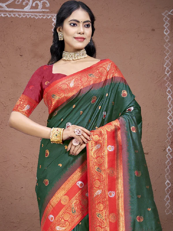 Women Bottle Green Silk Saree With Un Stitched Blouse Embroidered Floral Blouse
