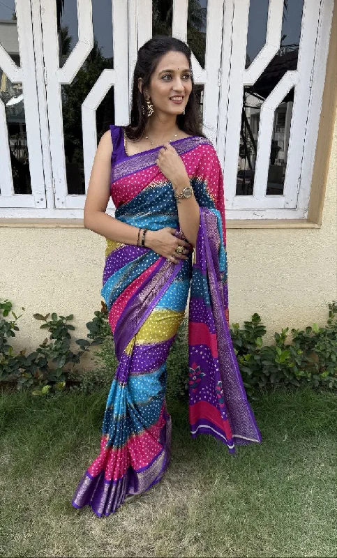 Women Party Wear Bandhej Leheriya Print Dhola Silk Saree with Un Stitched Blouse Soft Satin Blouse Women Party Wear Bandhej Leheriya Print Dhola Silk Saree with Un Stitched Blouse Soft Satin Blouse