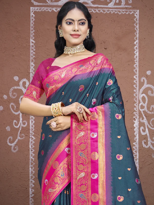 Women Rama Silk Saree With Un Stitched Blouse Bell Sleeve Blouse