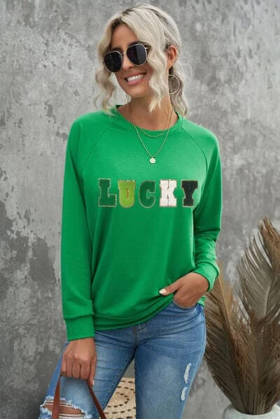 LUCKY Round Neck Raglan Sleeve Sweatshirt Hoodie with Hem Detail Decorative Unique