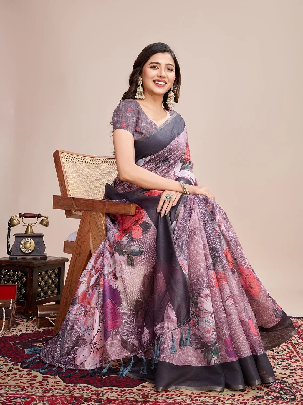 Women Party Wear Flower Printed Semi Linen Saree with Un Stitched Blouse Stretchy Fitted Blouse Women Party Wear Flower Printed Semi Linen Saree with Un Stitched Blouse Stretchy Fitted Blouse