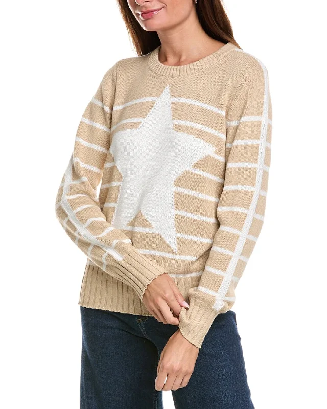 Minnie Rose Striped Star Crew Cashmere-Blend Sweater Zippered Front Buttoned Front Snap Front