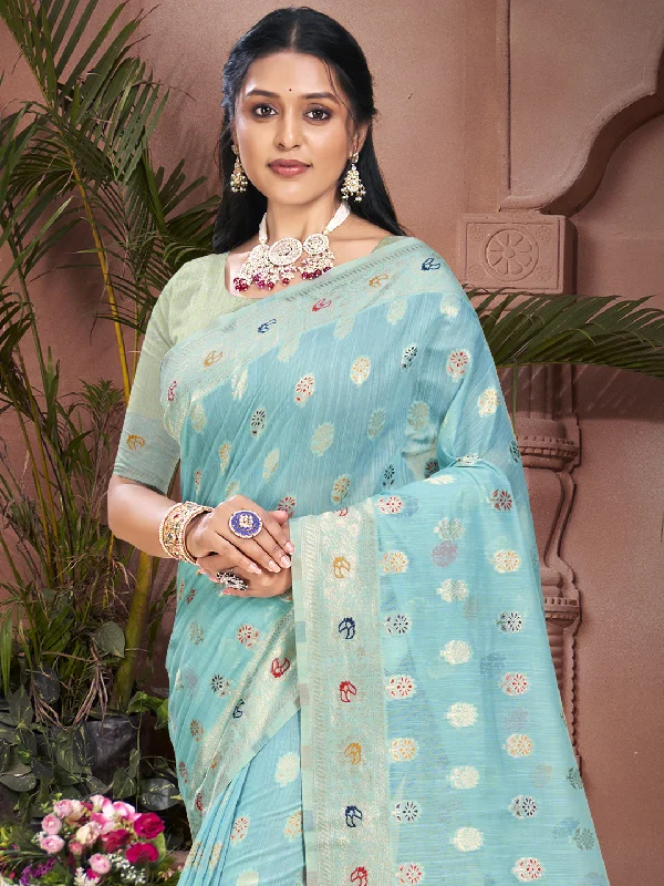 Women Sky Blue Cotton Saree With Un Stitched Blouse Textured Cotton Blouse