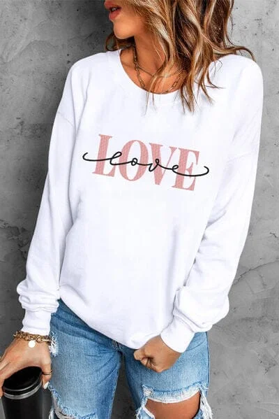 LOVE Round Neck Dropped Shoulder Sweatshirt Hoodie with Ribbed Cuffs Snug Fit Comfort LOVE Round Neck Dropped Shoulder Sweatshirt Hoodie with Ribbed Cuffs Snug Fit Comfort