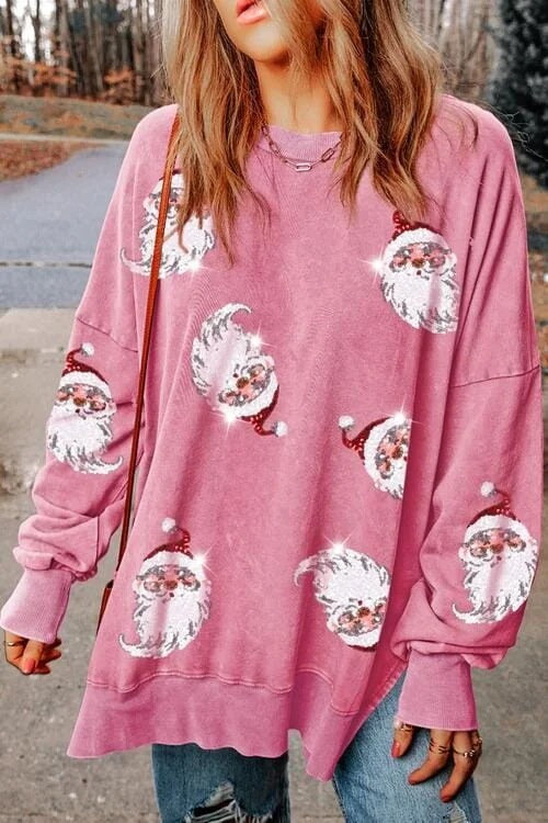 Sequin Santa Pink Drop Shoulder Slit Sweatshirt Hoodie with Front Slit Layering Stylish Sequin Santa Pink Drop Shoulder Slit Sweatshirt Hoodie with Front Slit Layering Stylish