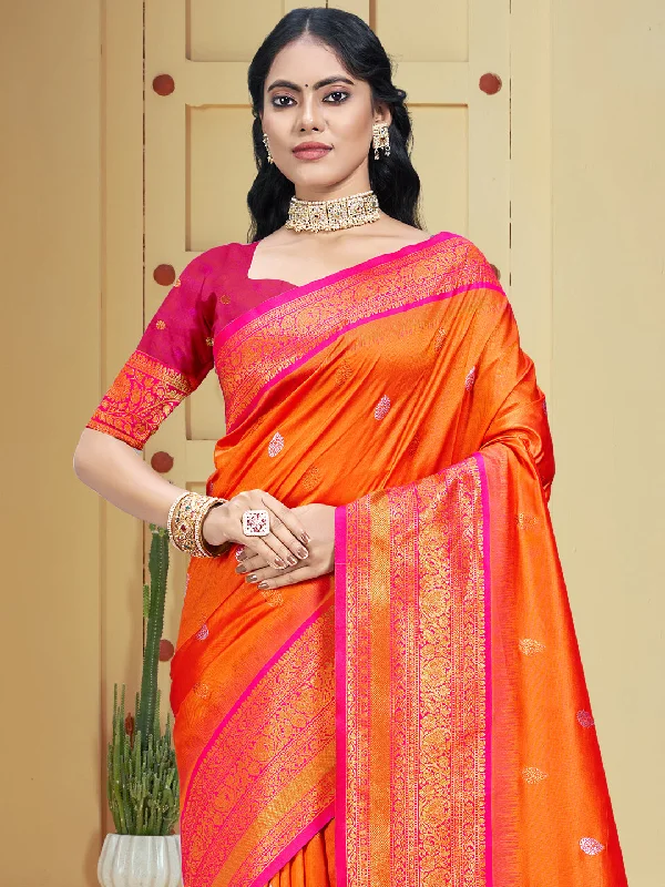 Women Orange Silk Saree With Un Stitched Blouse Soft Satin Blouse
