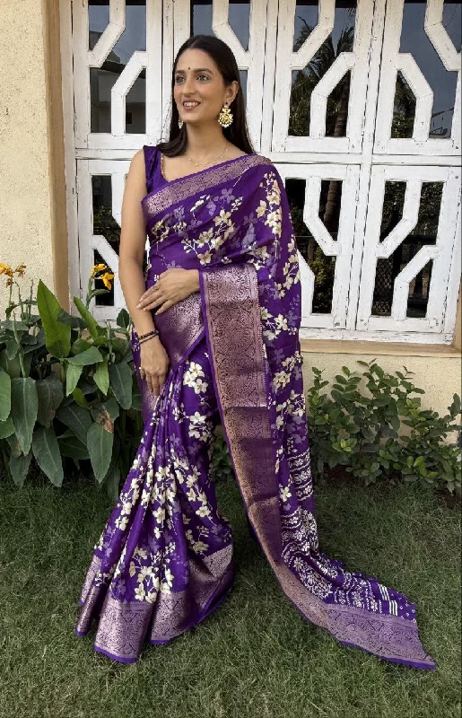 Women Party Wear Flower Printed Dhola Silk Saree with Un Stitched Blouse Gathered Detail Blouse Women Party Wear Flower Printed Dhola Silk Saree with Un Stitched Blouse Gathered Detail Blouse