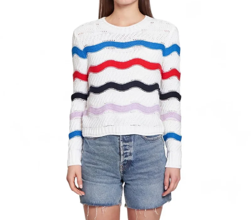 Wavy Stripe Crew Sweater In White Brights Ribbed Striped Patterned