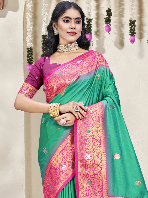 Women Teal Green Silk Saree With Un Stitched Blouse Drape Neck Blouse