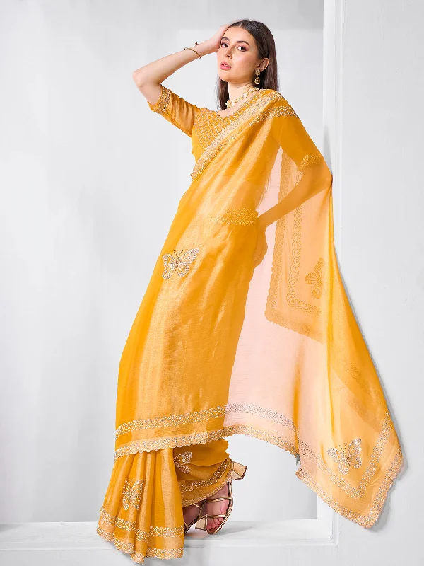 Women Party Wear Heavy Embroidery Worked Premium Organza Blend Saree with Un Stitched Blouse Stylish Wrap Blouse Women Party Wear Heavy Embroidery Worked Premium Organza Blend Saree with Un Stitched Blouse Stylish Wrap Blouse