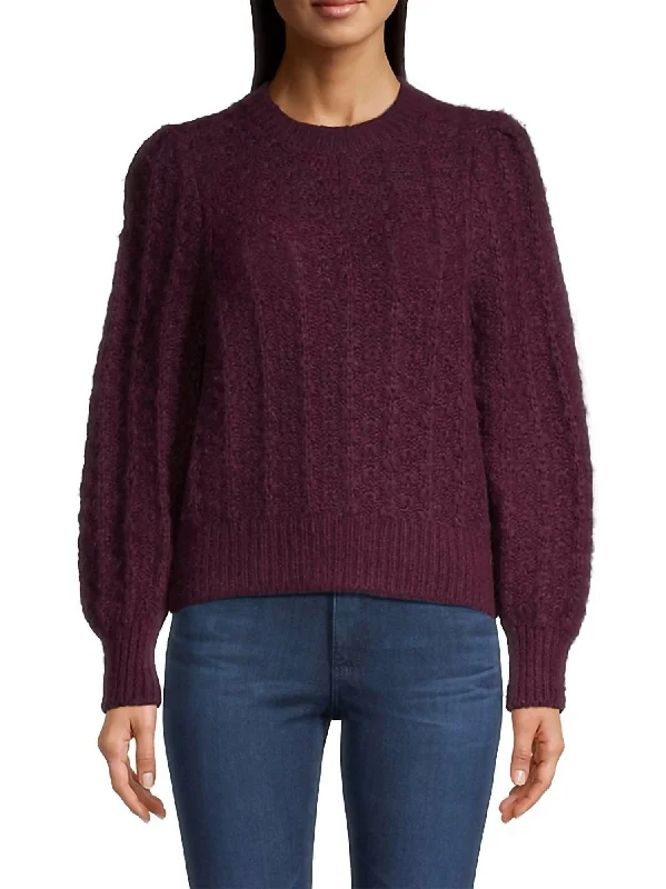 Puff Sleeve Sweater In Black Cherry Chenille Blend Fleece Blend Nylon Blend