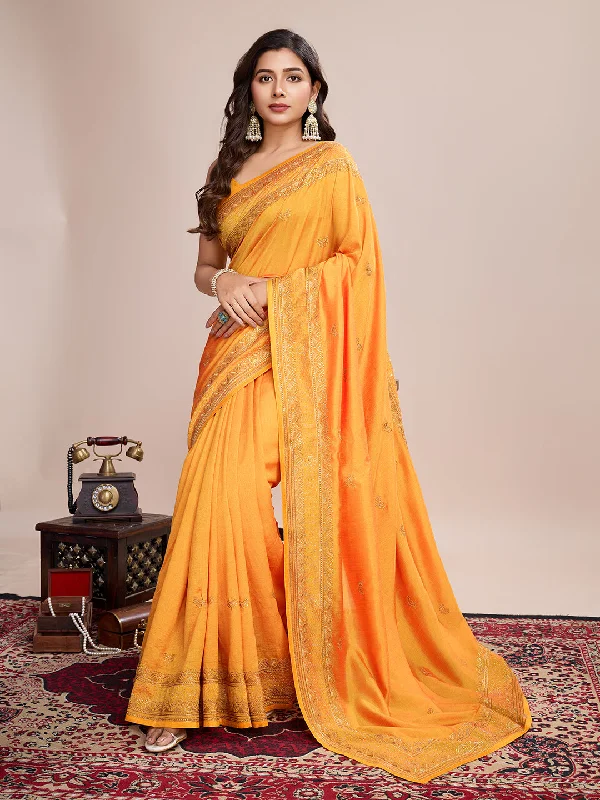 Women Party Wear Flower Embroidery Worked Vichitra Soft Silk Saree with Un Stitched Blouse Wrap Front Blouse Women Party Wear Flower Embroidery Worked Vichitra Soft Silk Saree with Un Stitched Blouse Wrap Front Blouse