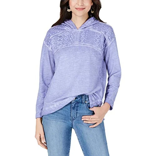 Petite Lace-Yoke Hoodie Top Cotton Hoodie Fleece Lining Warmth