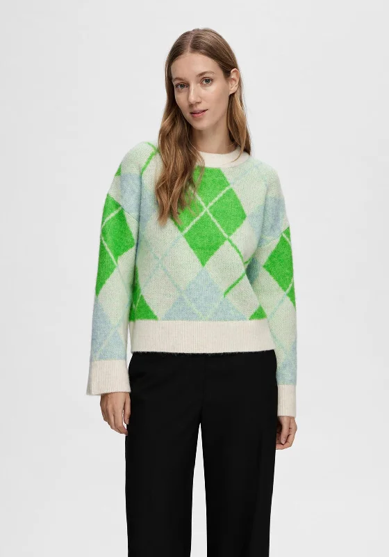 Selected Femme Lipka Argyle Knitted Sweater, Light Grey Oversized Loose Flowy