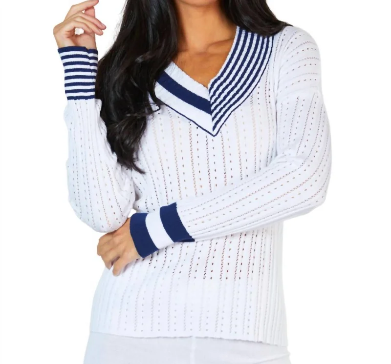 Braided V-Neck Sweater In White/navy Velvet Chenille Corduroy