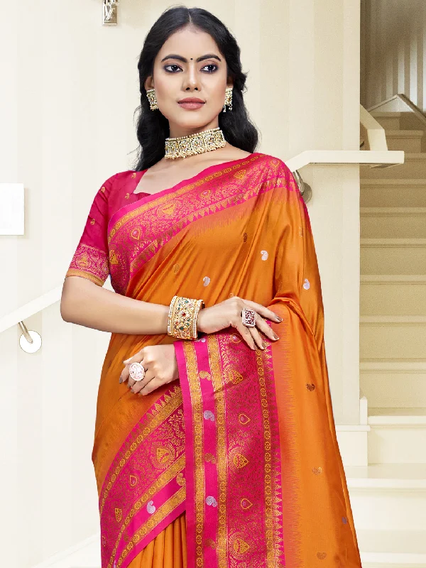 Women Orange Silk Saree With Un Stitched Blouse Puff Sleeve Blouse