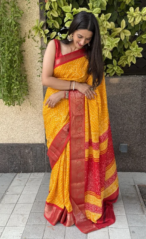 Women Party Wear Bandhani Printed Dhola silk Saree with Un Stitched Blouse Casual Relaxed Fit Blouse Women Party Wear Bandhani Printed Dhola silk Saree with Un Stitched Blouse Casual Relaxed Fit Blouse