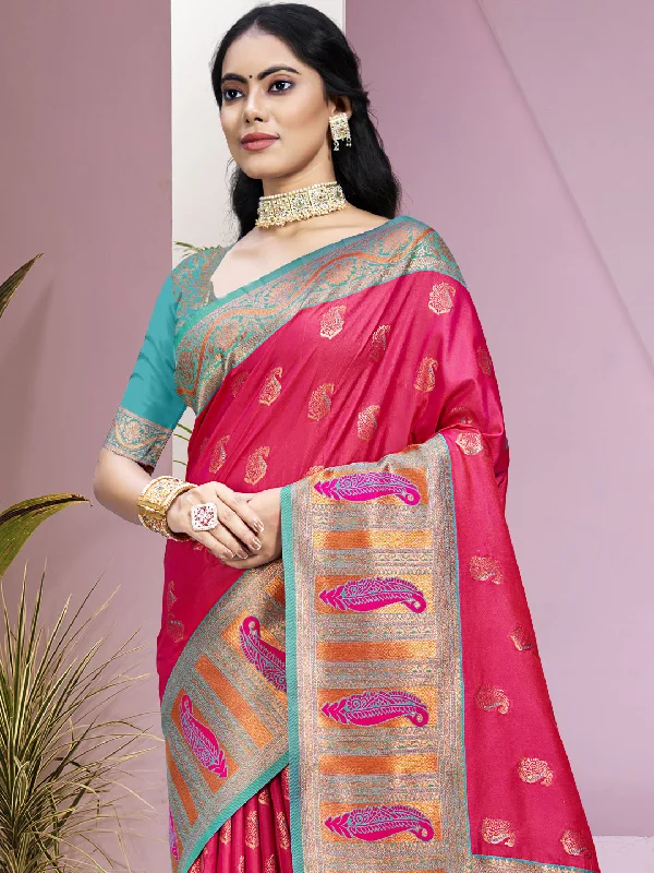 Women Rani Silk Saree With Un Stitched Blouse High Neck Blouse