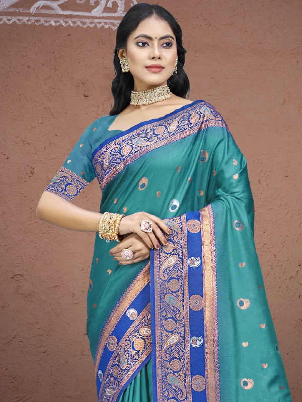 Women Sky Blue Silk Saree With Un Stitched Blouse Relaxed Fit Blouse