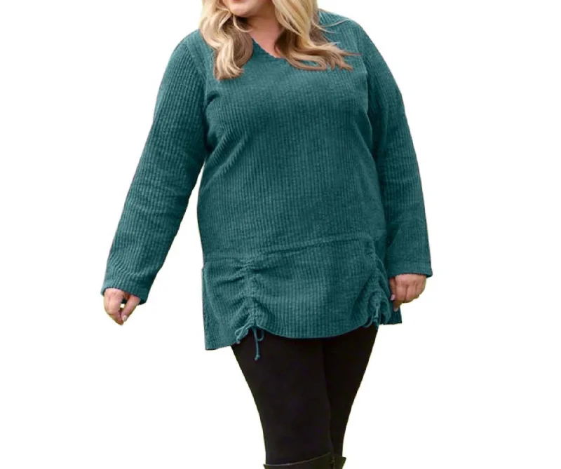 Channel Islands Chenille Long Sleeve Rayanne Sweater - Plus In Island Blue Solid Print Embellished