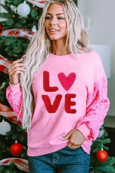 LOVE Sequin Dropped Shoulder Sweatshirt Hoodie with Monochrome Minimalist Simple