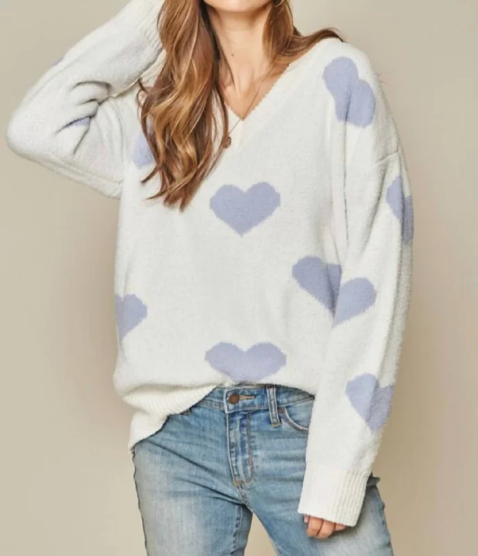 Heart Sweater In Ivory/placid Blue Elasticated Padded Insulated