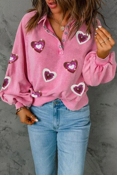 Heart Sequin Half Snap Collared Neck Sweatshirt Hoodie with Hidden Zipper Minimalist Clean