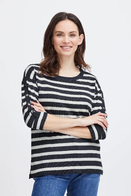 Fransa Besmock Striped Knitted Sweater, Navy Blazer Mix Fleece Sweater Nylon Polyester