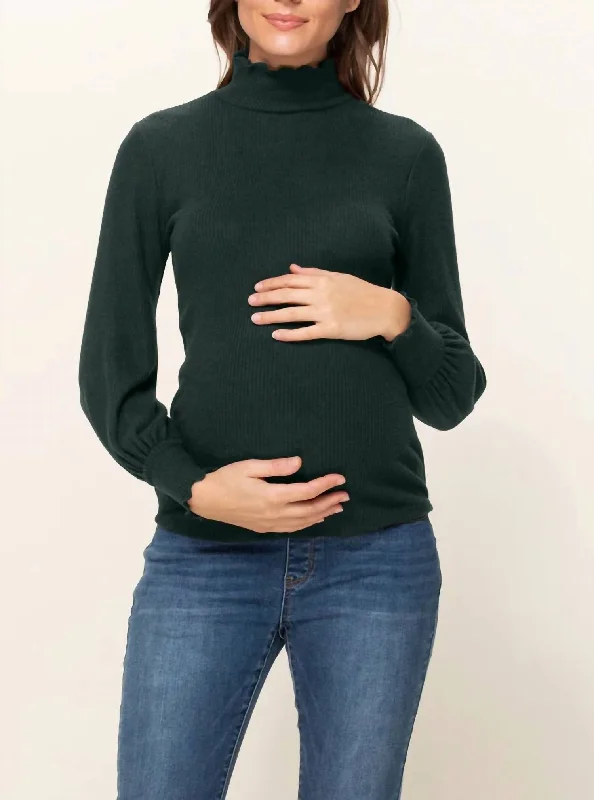 Curly Hem Mock Neck Ribbed Sweater Knit Maternity Top In Dark Green Modern Contemporary Chic