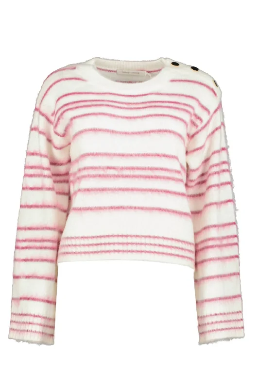 Noelle Stripe Fuzzy Sweater In Pink/white Oversized Loose Flowy
