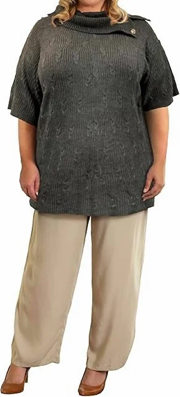 Button Cowl Neck Short Sleeve Sweater - Plus In Dark Grey Modern Contemporary Chic