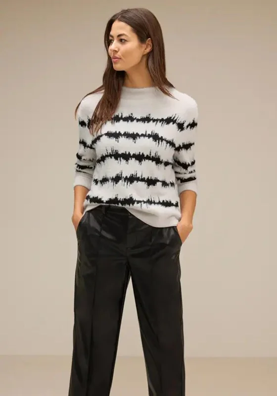 Street One Feather Yarn Stripe Sweater, Whisper Cream High Neck Crew Neck V-Neck