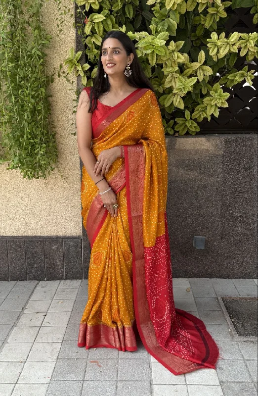 Women Party Wear Bandhani Foil Printed Marsh Mellow Silk Saree with Un Stitched Blouse Silky Tunic Blouse Women Party Wear Bandhani Foil Printed Marsh Mellow Silk Saree with Un Stitched Blouse Silky Tunic Blouse