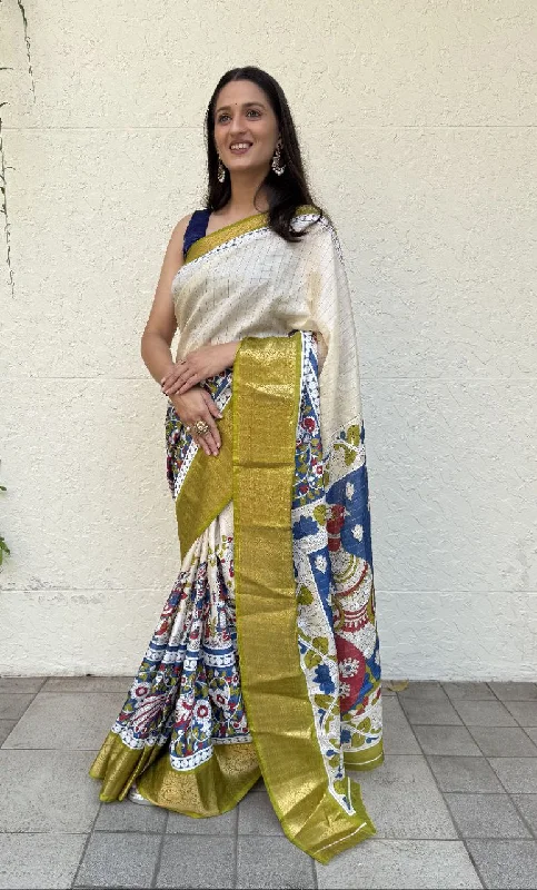 Women Party Wear Kalamkari Printed Dhola Chex Saree with Un Stitched Blouse Textured Cotton Blouse Women Party Wear Kalamkari Printed Dhola Chex Saree with Un Stitched Blouse Textured Cotton Blouse