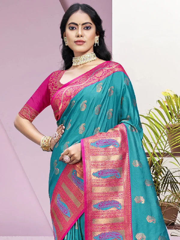 Women Sky Blue Silk Saree With Un Stitched Blouse Oversized Silk Blouse
