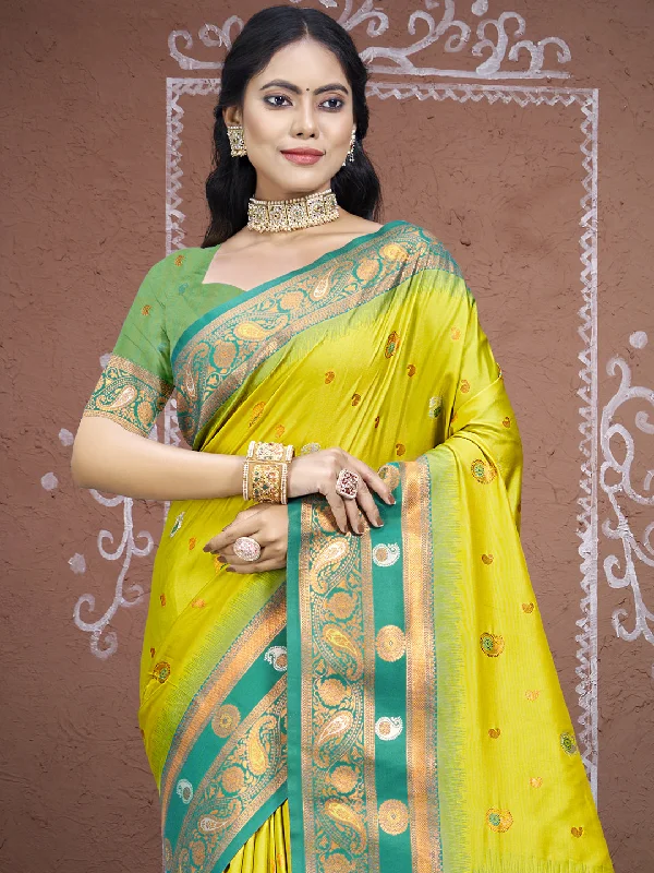 Women Parrot Green Silk Saree With Un Stitched Blouse Classic Striped Blouse