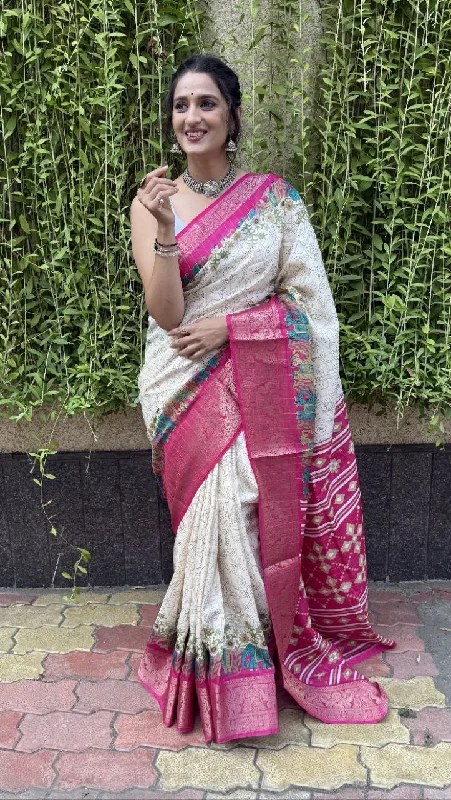 Women Party Wear Flower Foil Print Dhola Silk Saree with Un Stitched Blouse Chic Ruffle Blouse Women Party Wear Flower Foil Print Dhola Silk Saree with Un Stitched Blouse Chic Ruffle Blouse