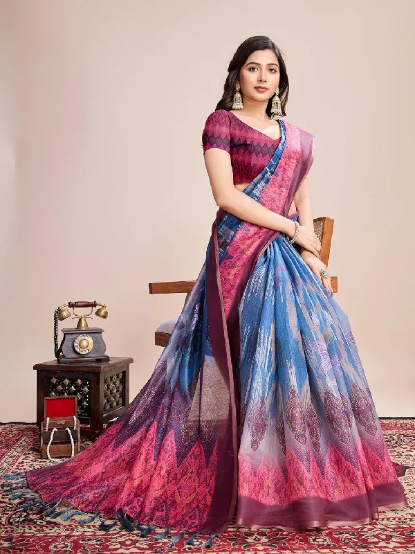 Women Party Wear Flower Printed Semi Linen Saree with Un Stitched Blouse Satin Bow Blouse Women Party Wear Flower Printed Semi Linen Saree with Un Stitched Blouse Satin Bow Blouse