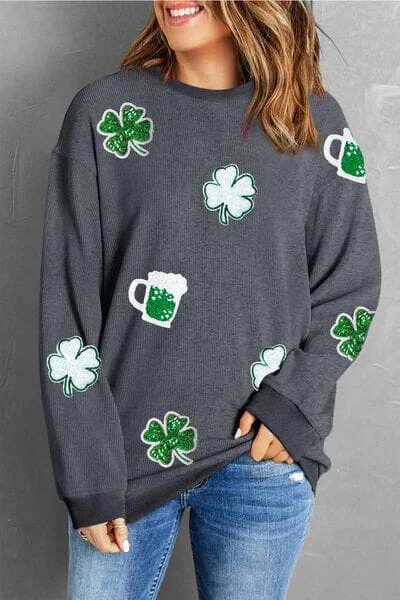 Lucky Clover Beer Sequin Round Neck Sweatshirt Hoodie with Gradient Ombre Colorful