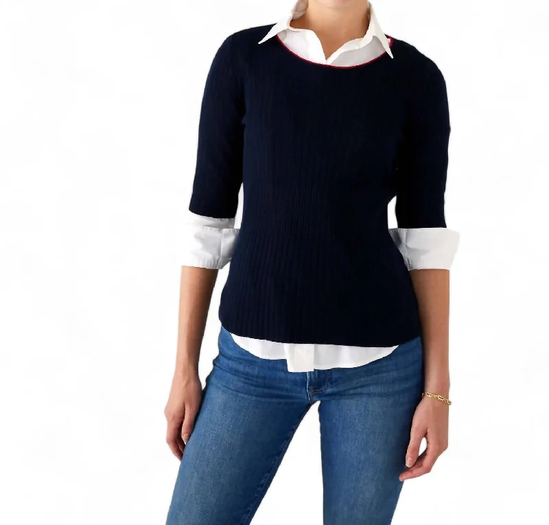 Voyageur Acton Knit Crewneck Sweater In Navy Plaid Sweater Polka Dot Checkered