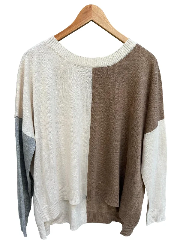 Women's Colorblock Sweater In Tan Cotton Fabric Linen Fabric Terry Fabric
