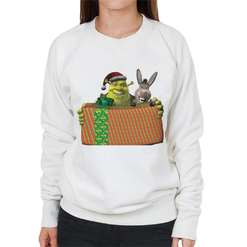 Shrek Christmas Shrek And Donkey Festive Box Women's Sweatshirt Hoodie with Hem Embroidery Detailed Premium Shrek Christmas Shrek And Donkey Festive Box Women's Sweatshirt Hoodie with Hem Embroidery Detailed Premium